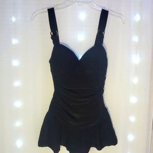 Black one piece swimsuit.